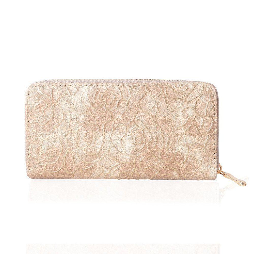 Wallet Embossed Rose Pattern Metallic Frame Beige